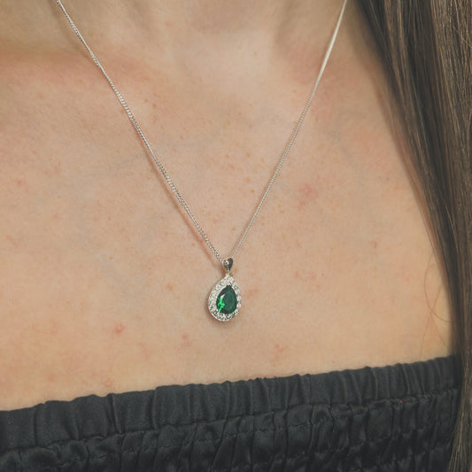 Sterling Silver Pear Shaped Emerald Pendant & 18" Curb Chain