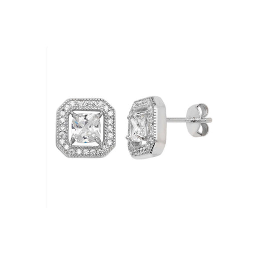 Sterling Silver Square Halo Cubic Zirconia Earrings