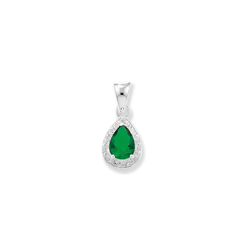 Sterling Silver Pear Shaped Emerald Pendant & 18" Curb Chain